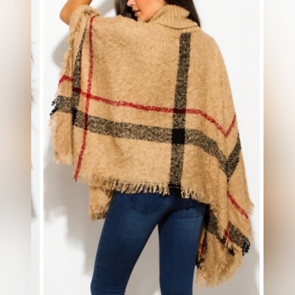 Tan Plaid Soft Turtleneck Sweater Poncho - Picture 2 of 3